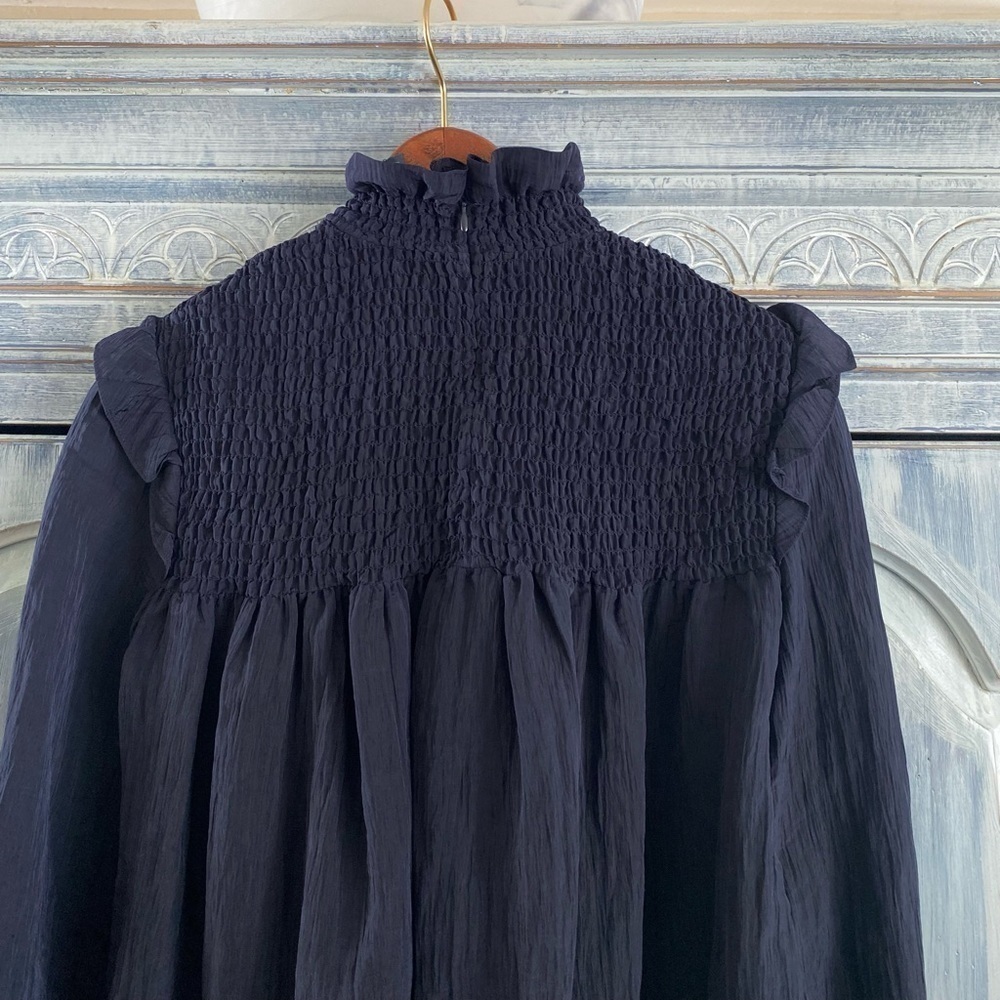 French Connection Boza Ruffle Neck Blouse, Utility Blue - Picture 8 of 14